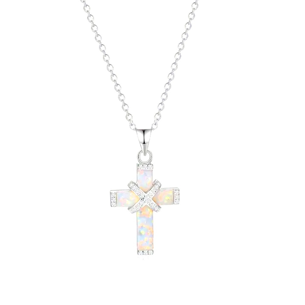 Elegant Silver Opal Cross Necklace NWOT - Picture 2 of 3